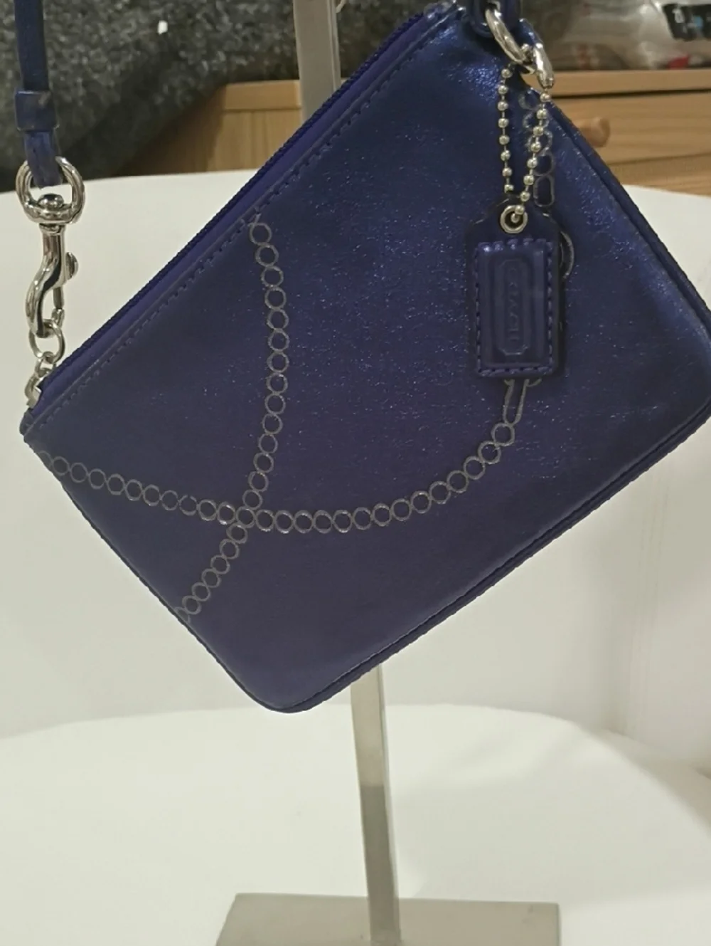 Coach Purple Leather Metallic Wristlet with Chain Print and Tag - Picture 2 of 4